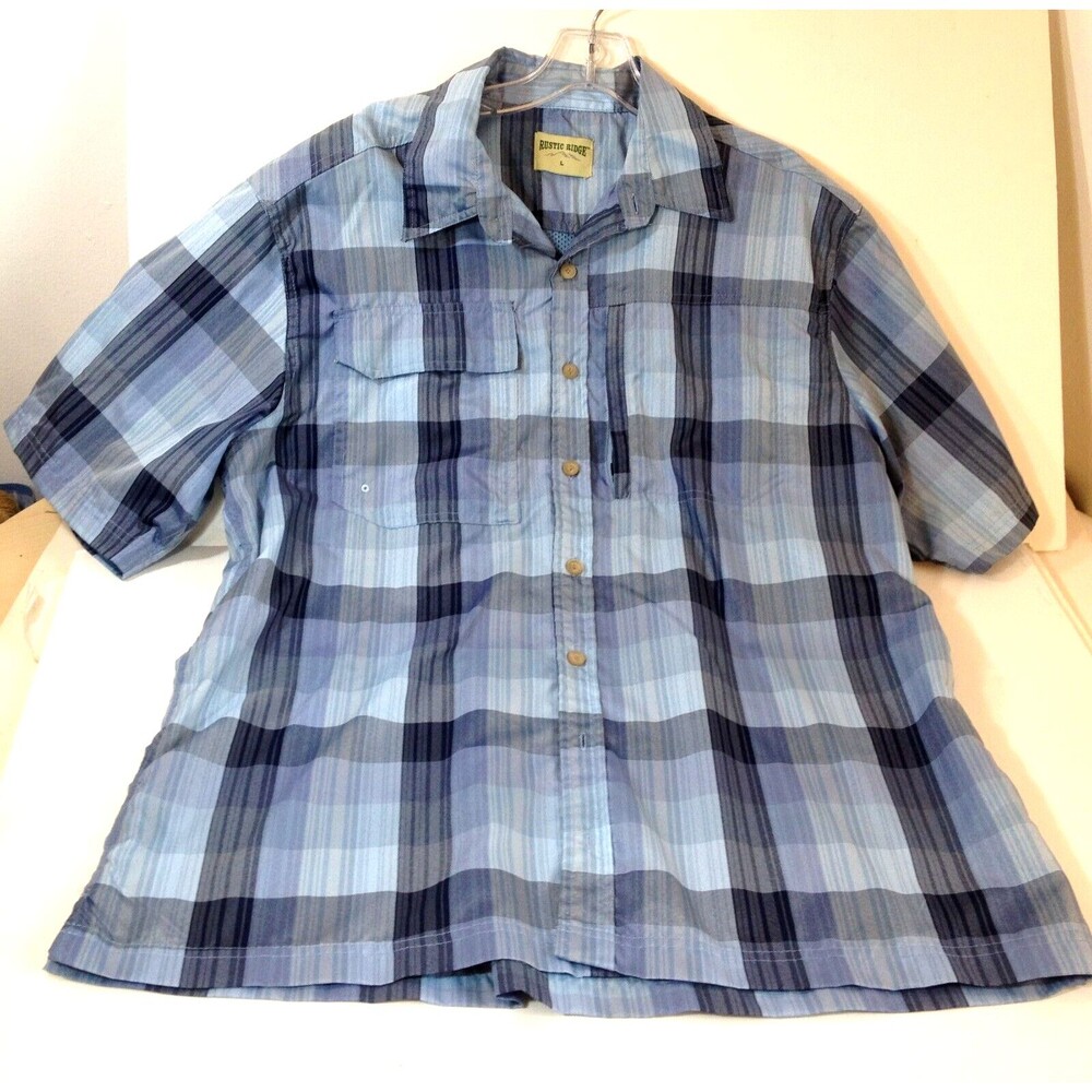Rustic Ridge Men’s Vented Plaid Button Up Shirt Fishing Size L  Zip Pocket